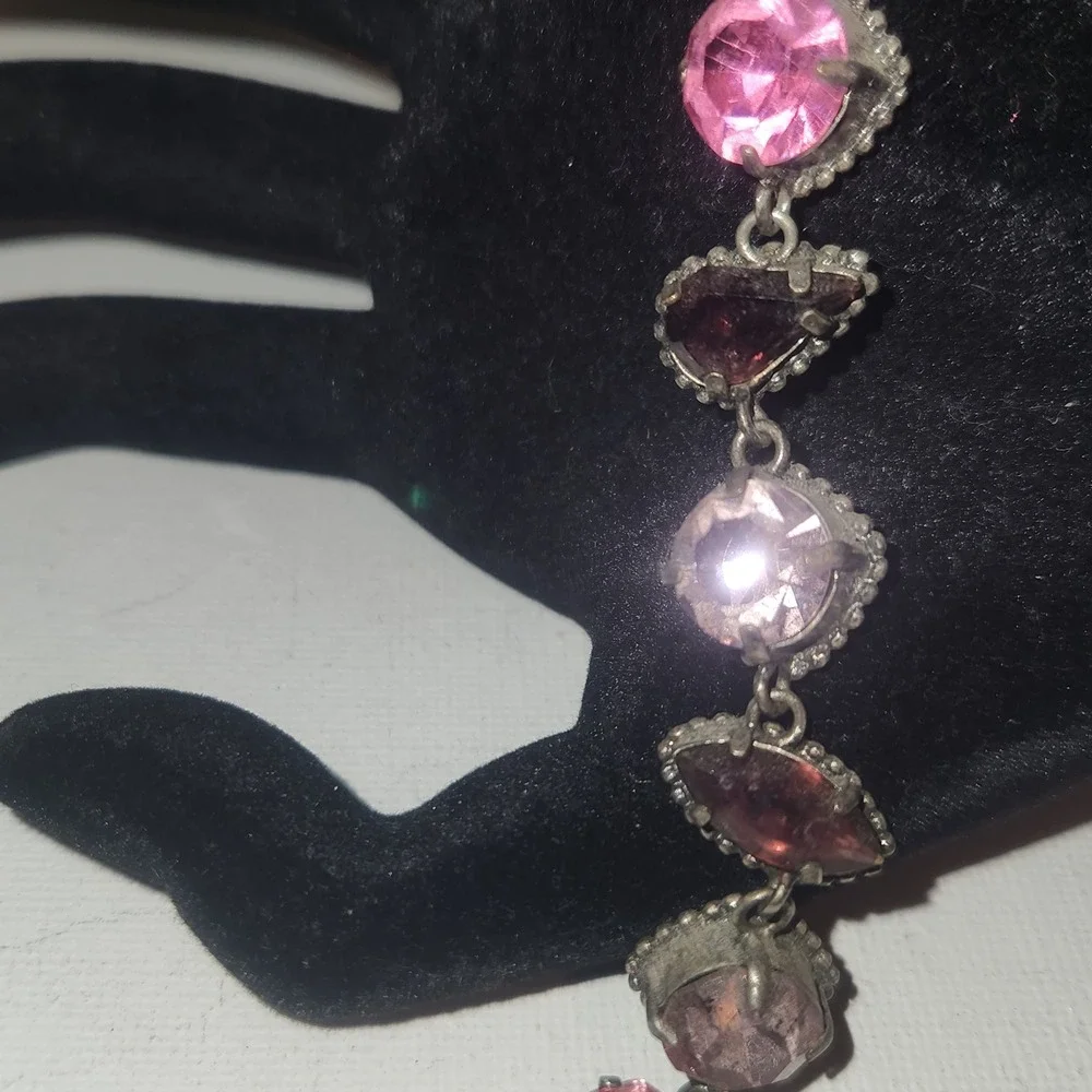 Vintage Style Pink purple Rhinestone Toggle Link Bracelet‎ Antiqued Silver Tone